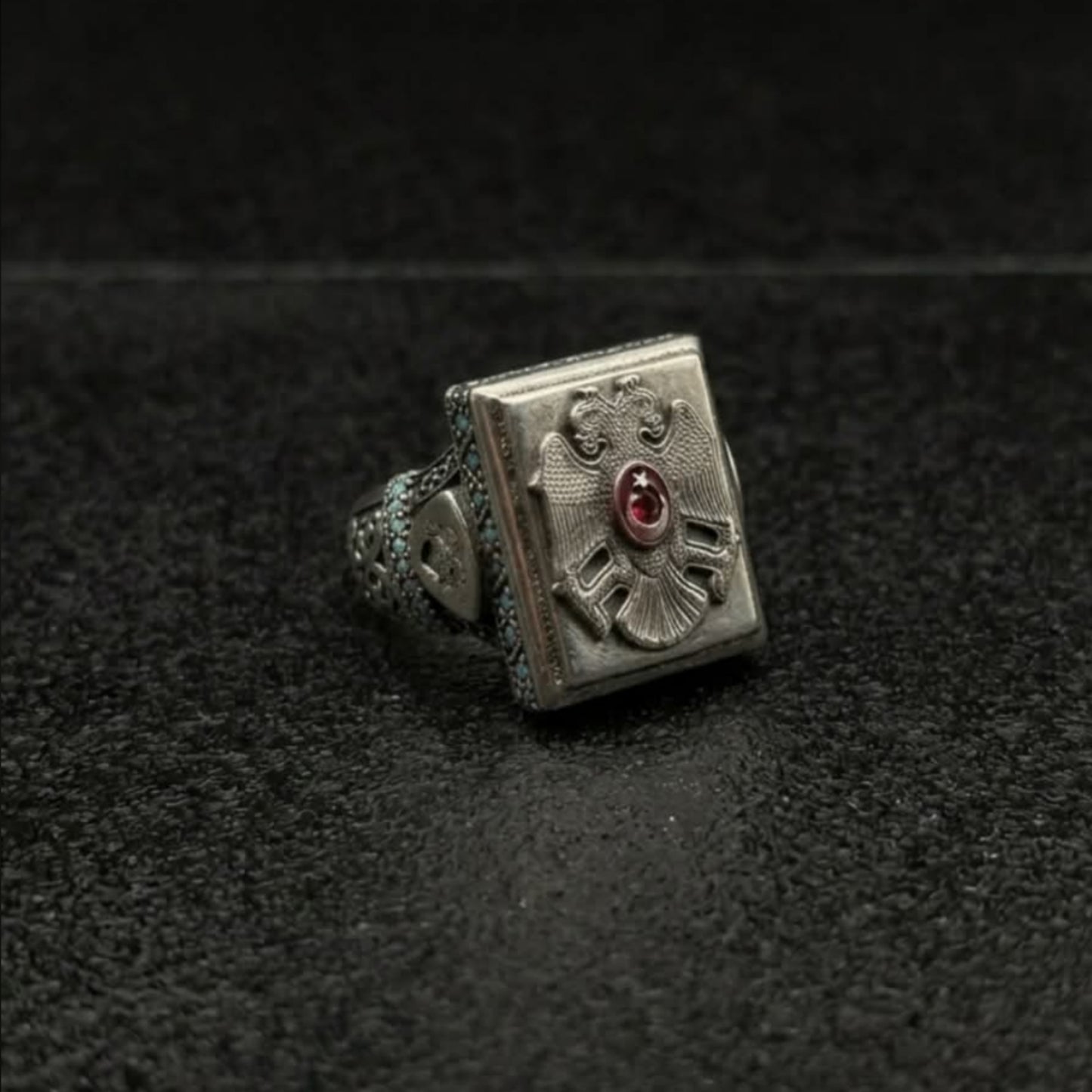 Seljuk Double Headed Eagle and Crescent Star Silver Ring