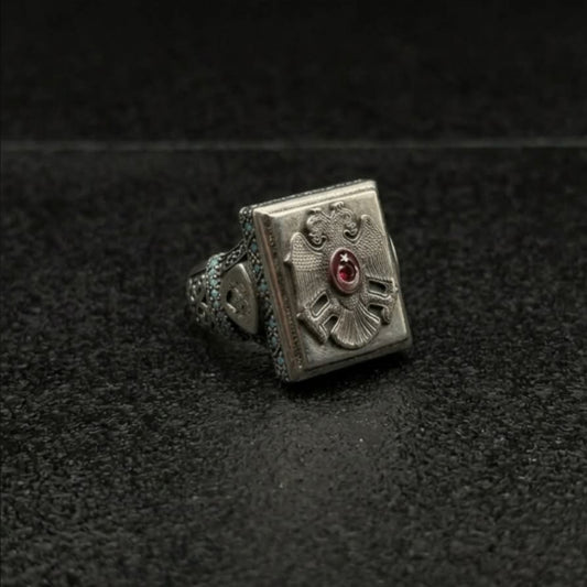 Seljuk Double Headed Eagle and Crescent Star Silver Ring