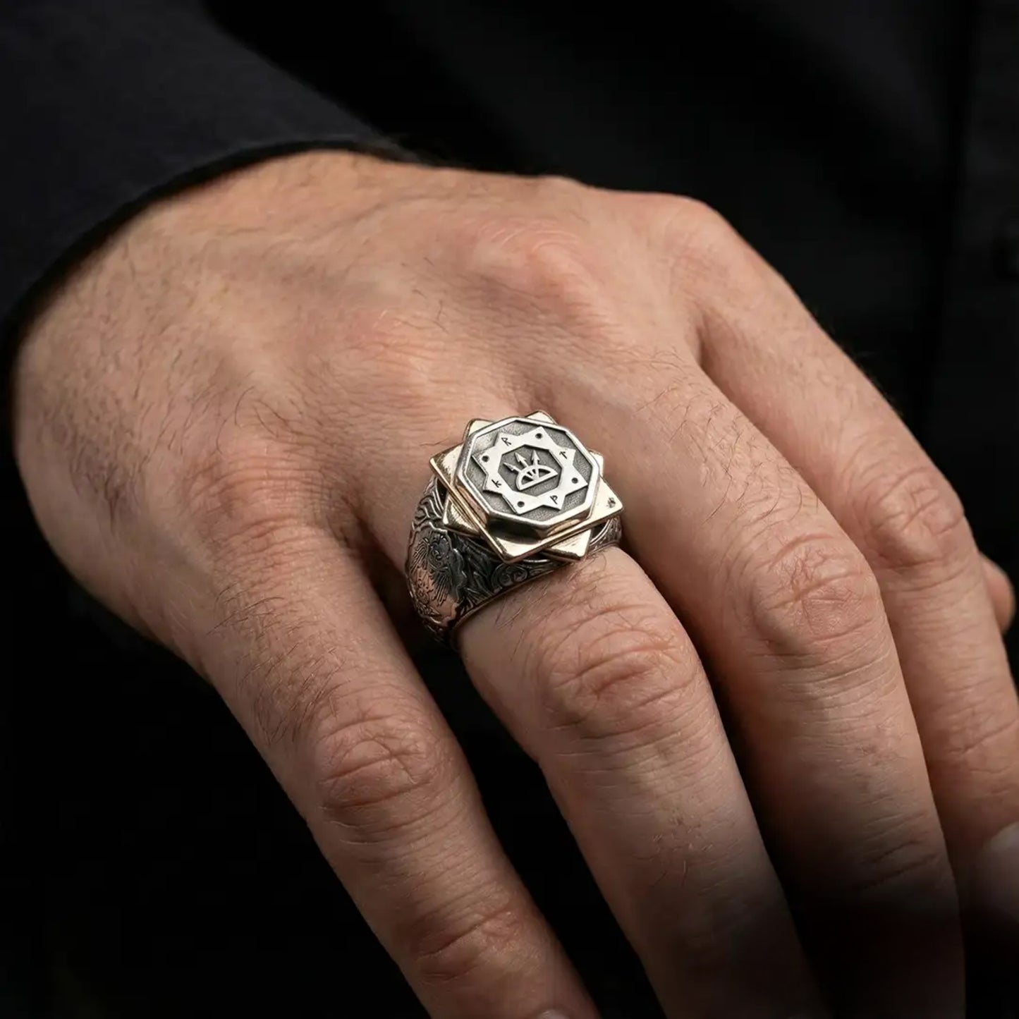 Oghuz Kagan Seal Ring in 925 Sterling Silver with Seljuk Eagle and OttomanFlag Details