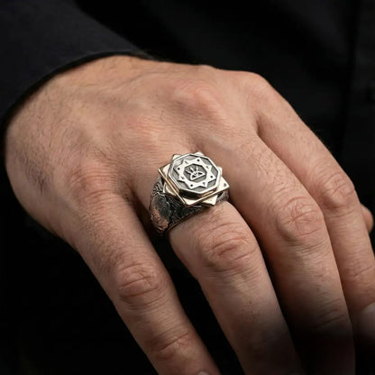 Oghuz Kagan Seal Ring in 925 Sterling Silver with Seljuk Eagle and OttomanFlag Details
