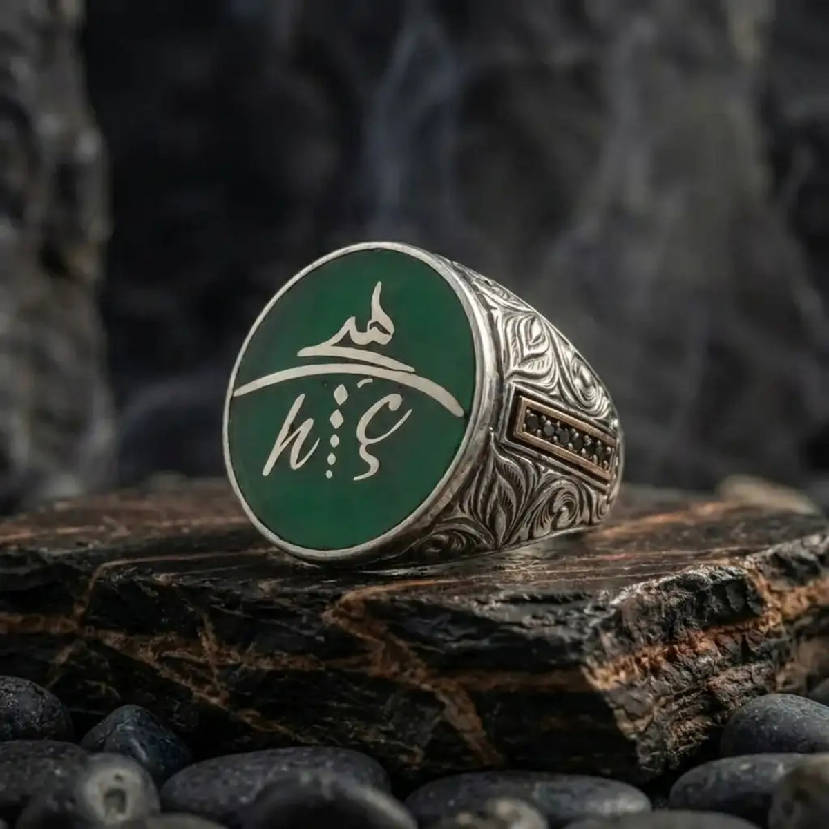 Personalized Sufi Hic Ring, Green Enamel 925 Sterling Silver Men's Ring
