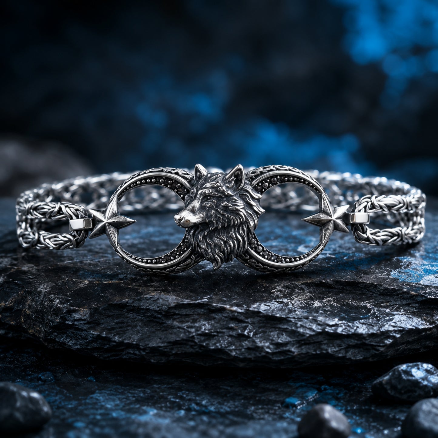 Double Crescent Wolf Bracelet, 925 Sterling Silver Red Zircon Mens Jewelry