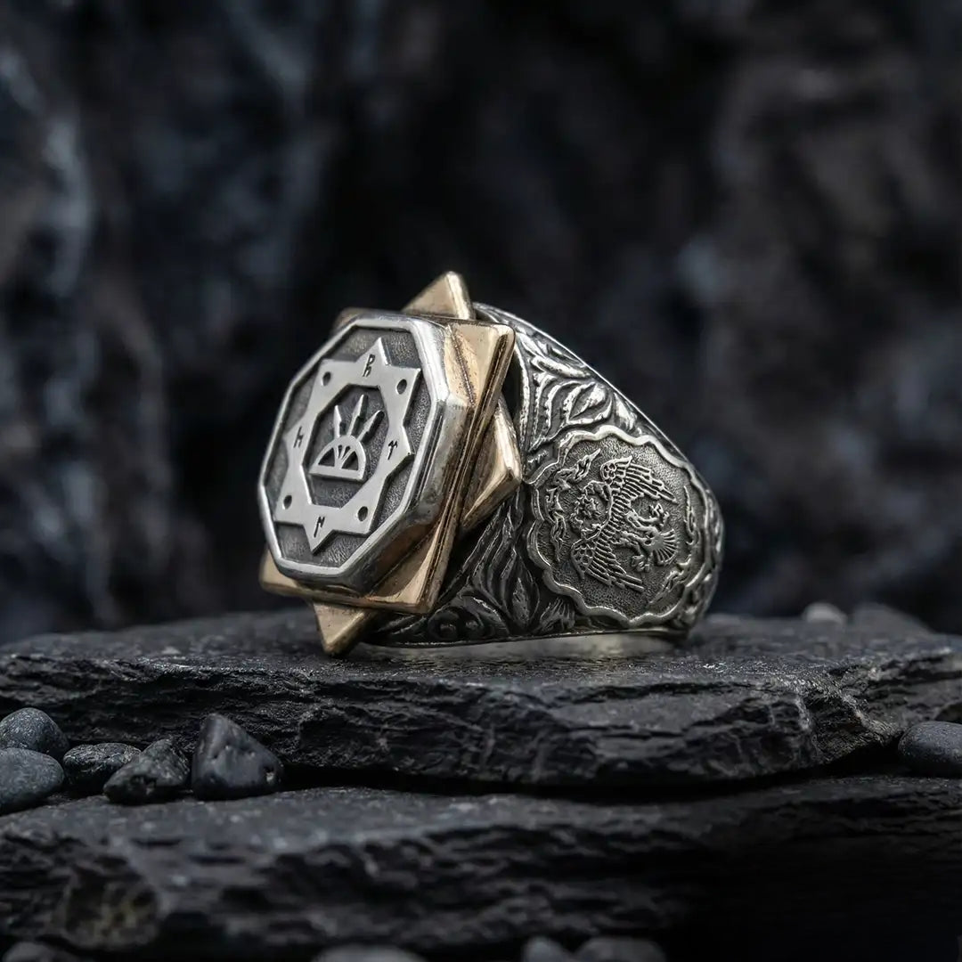 Oghuz Kagan Seal Ring in 925 Sterling Silver with Seljuk Eagle and OttomanFlag Details