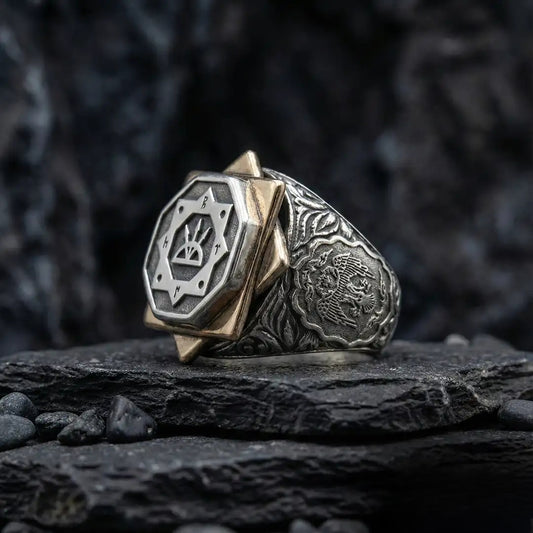 Oghuz Kagan Seal Ring in 925 Sterling Silver with Seljuk Eagle and OttomanFlag Details