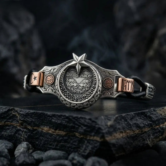 Crescent Star Wolf Leather Bracelet 925 Silver Personalized