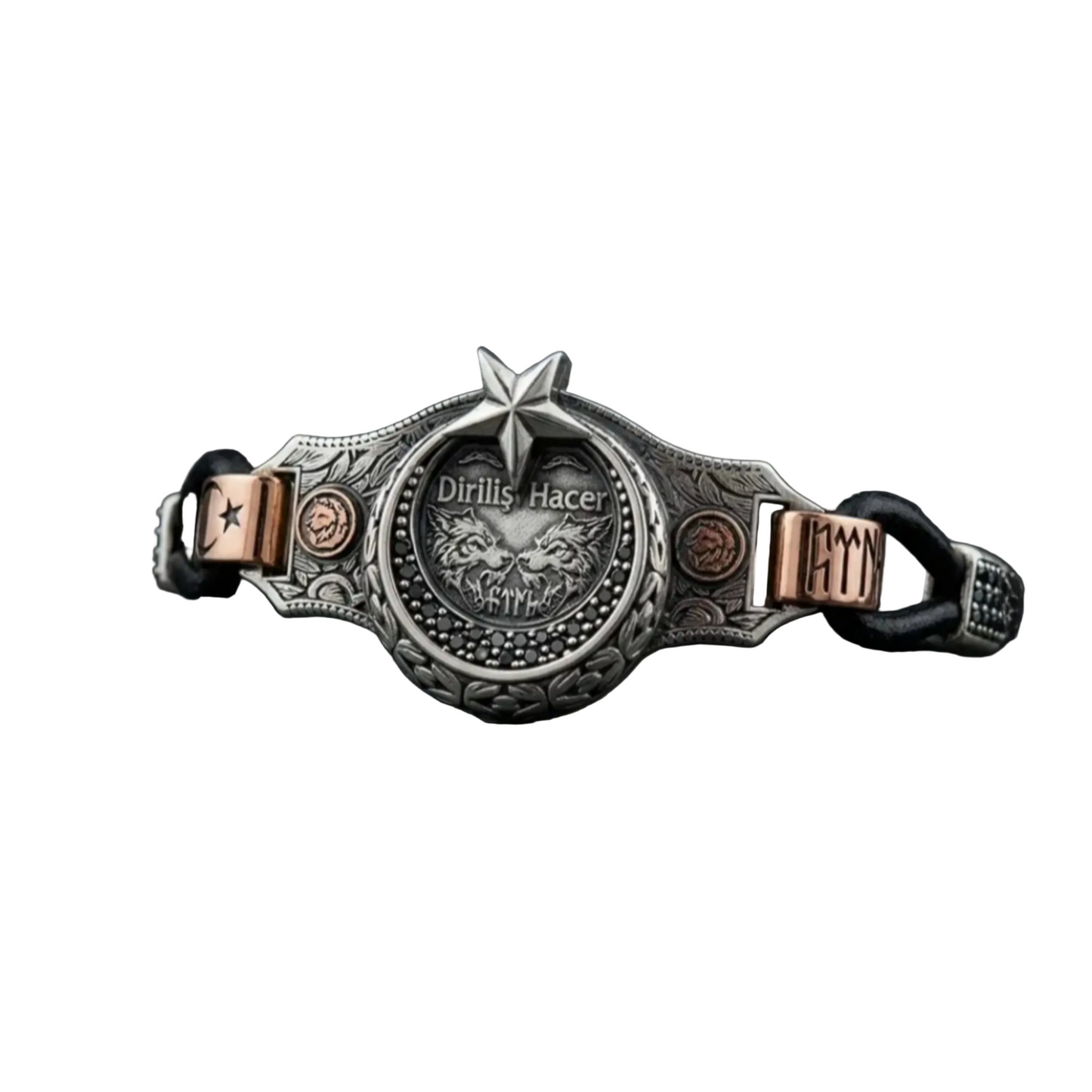 Crescent Star Wolf Leather Bracelet 925 Silver Personalized