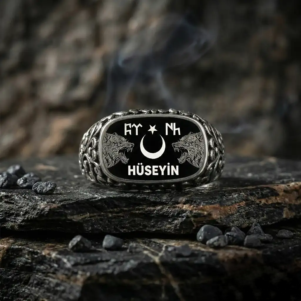 Custom Wolf Ring, Gokturk Turkish Silver Mens Ring Gift