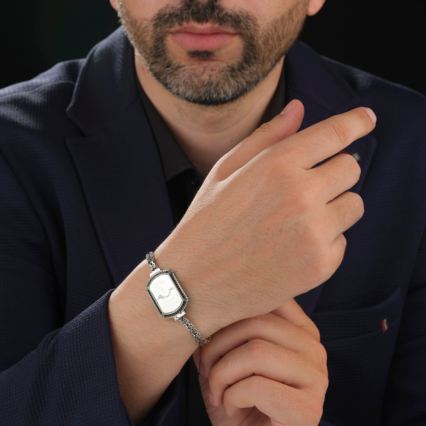 Hiç Engraved 925 Sterling Silver Men's Bracelet Black Micro Stone King Chain Mevlana