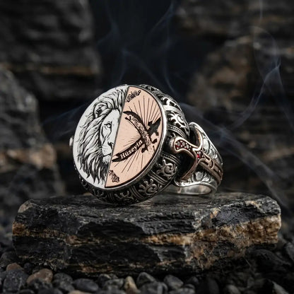 Zulfiqar Lion Ring 925 Silver Custom Name Ottoman Handmade Men