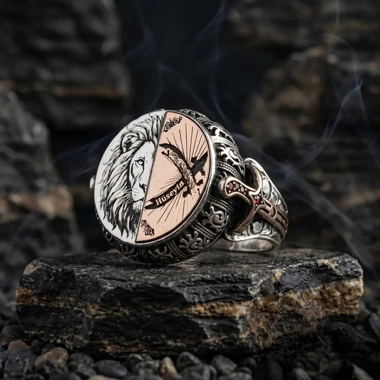 Personalized Zulfiqar Sword and Lion 925 Sterling Silver Men’s Ring