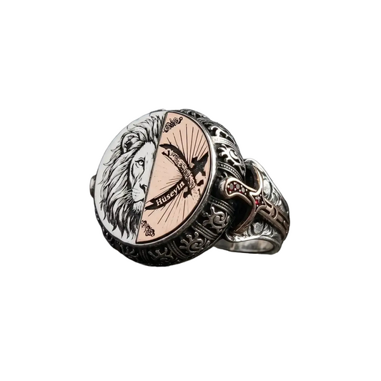 Zulfiqar Lion Ring 925 Silver Custom Name Ottoman Handmade Men