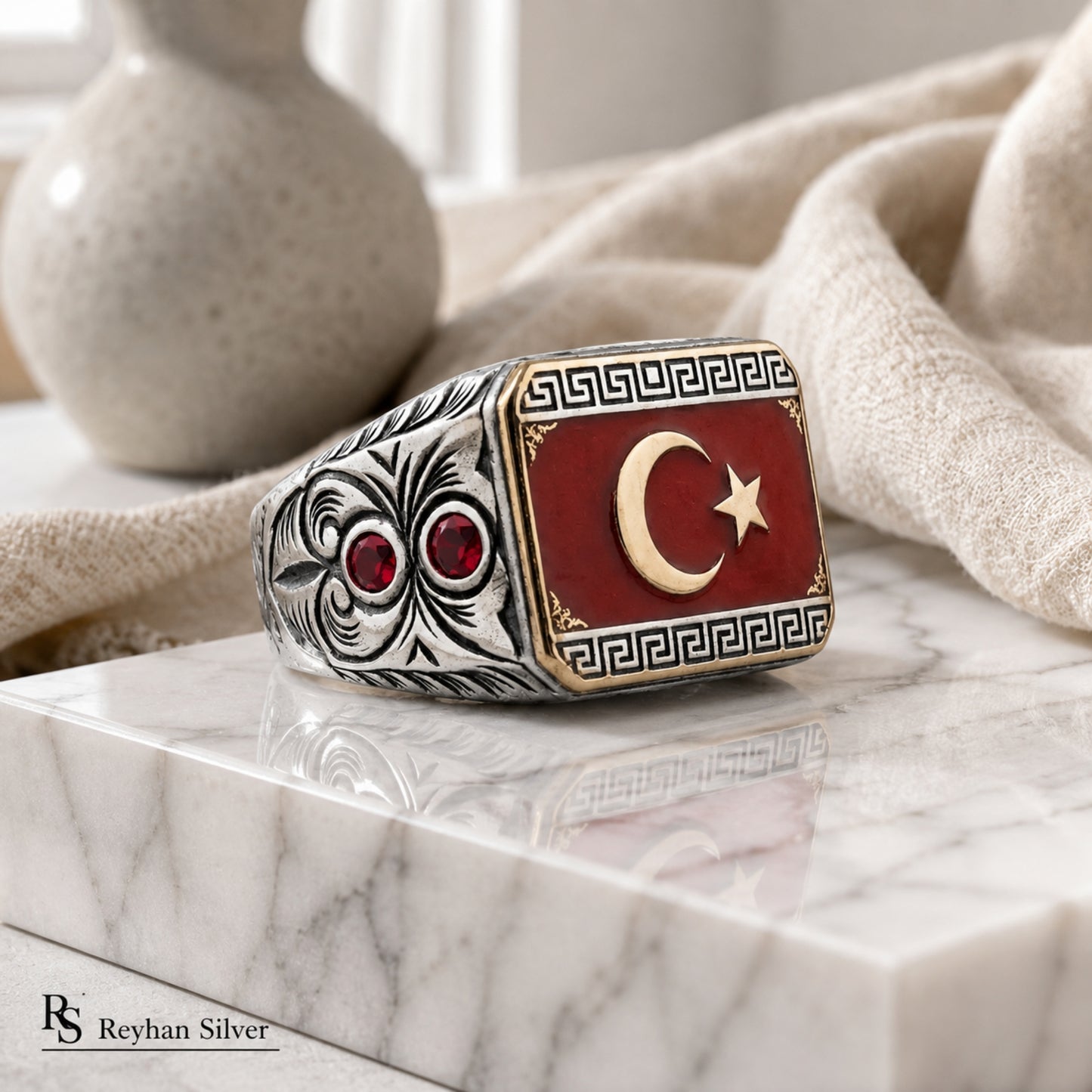 925 Sterling Silver Turkish Flag Ring