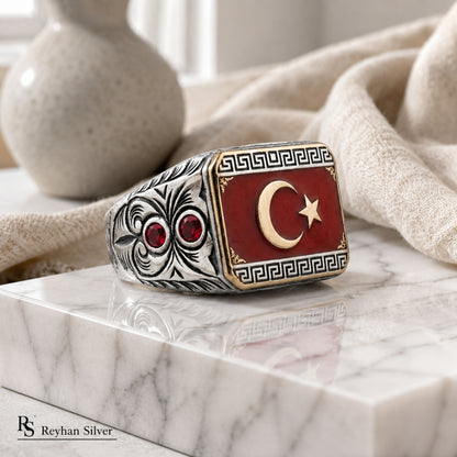 925 Sterling Silver Turkish Flag Ring
