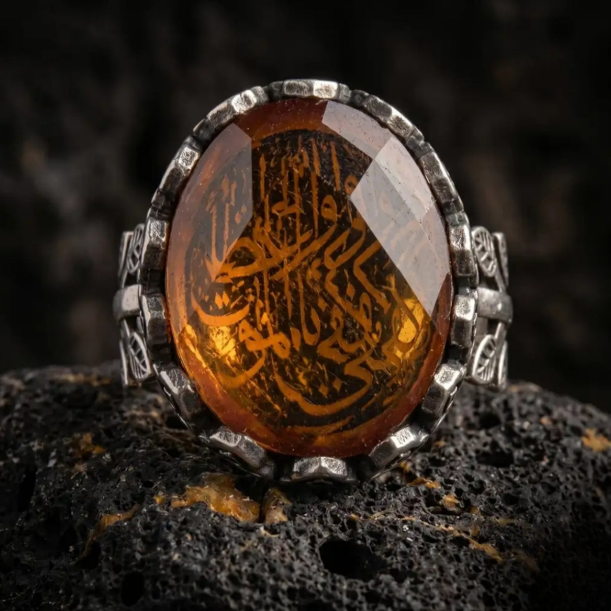 925 Sterling Silver Women’s Islamic Calligraphy Ring with Color-Changing Stone