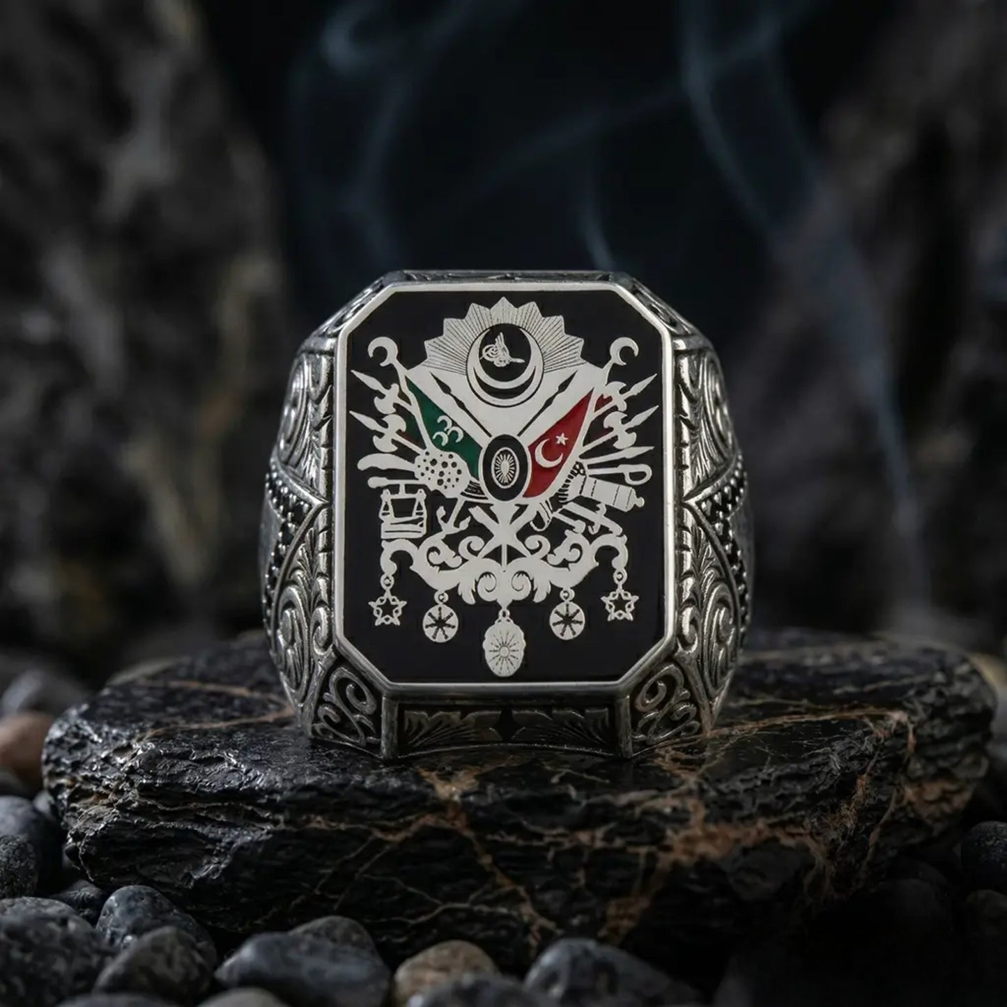 Majestic OttomanCoat of Arms Ring – 925 Sterling Silver, Black Enamel & Micro Stone