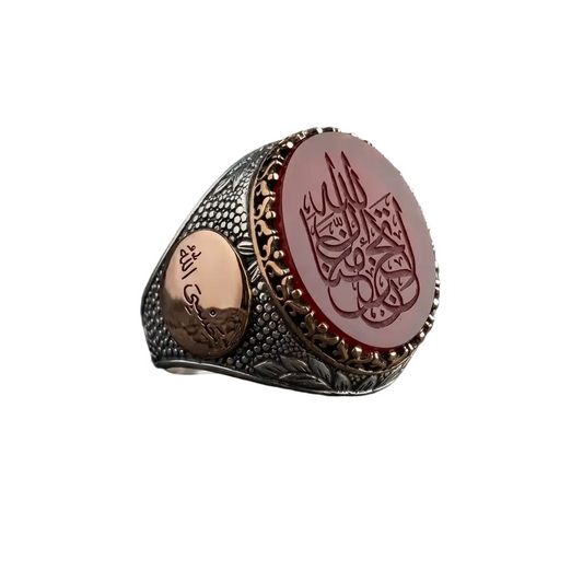 Tevhid Shahada Ring 925 Silver Red Agate Ottoman Handmade Men