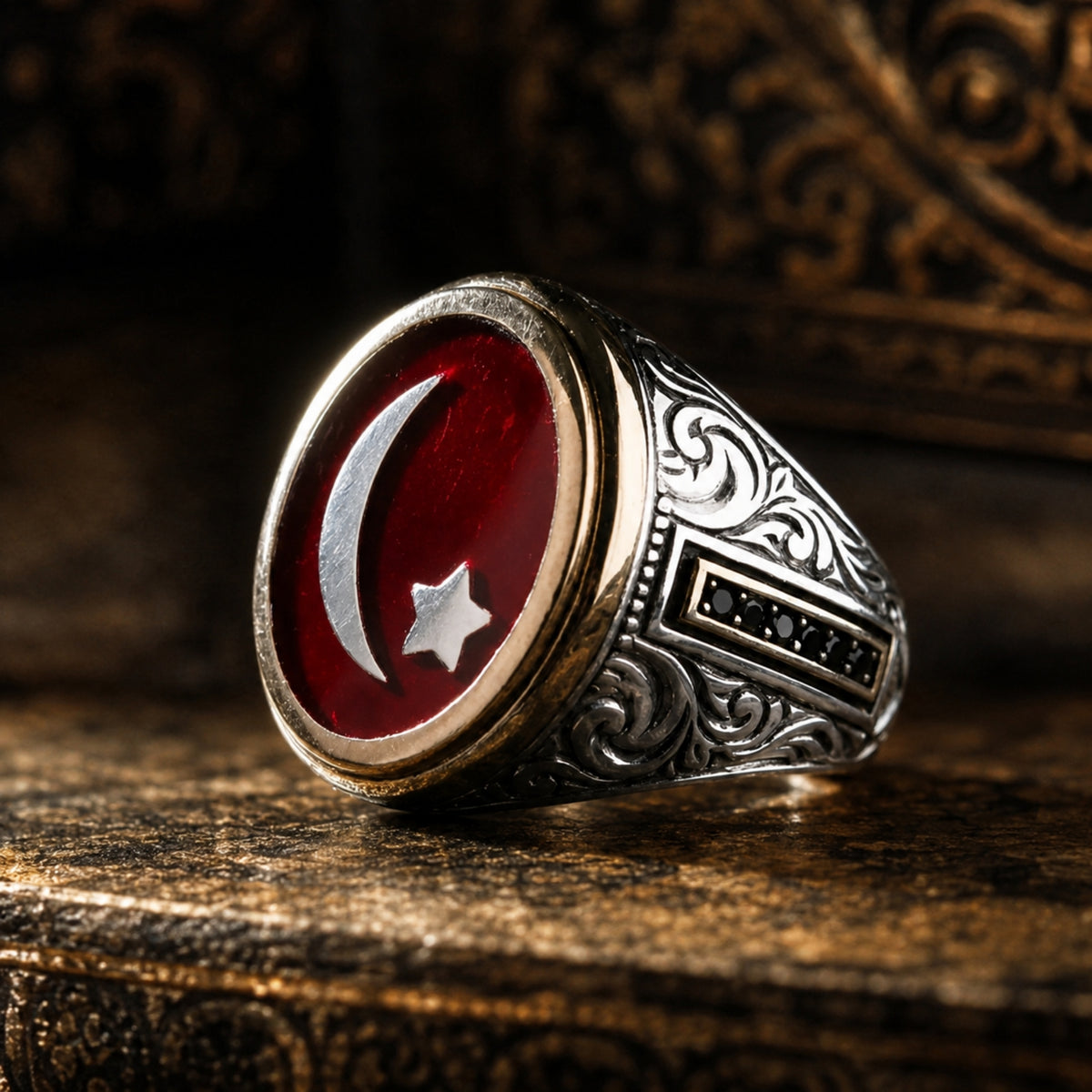 Personalized Turkish Crescent Star 925 Sterling Silver Men's Ring