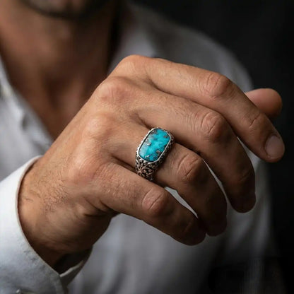 Turquoise Band Ring 925 Silver Oxidized Vintage Handmade Men