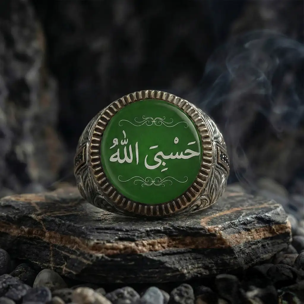 Hasbi Allah Green Amber Silver Ring
