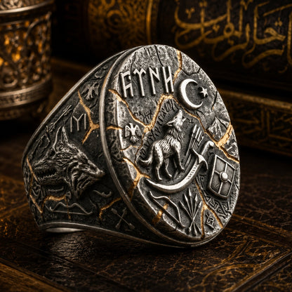 Otuken Obasi Sterling Silver Ring, Gokturk Wolf Turkish Men’s Jewelry