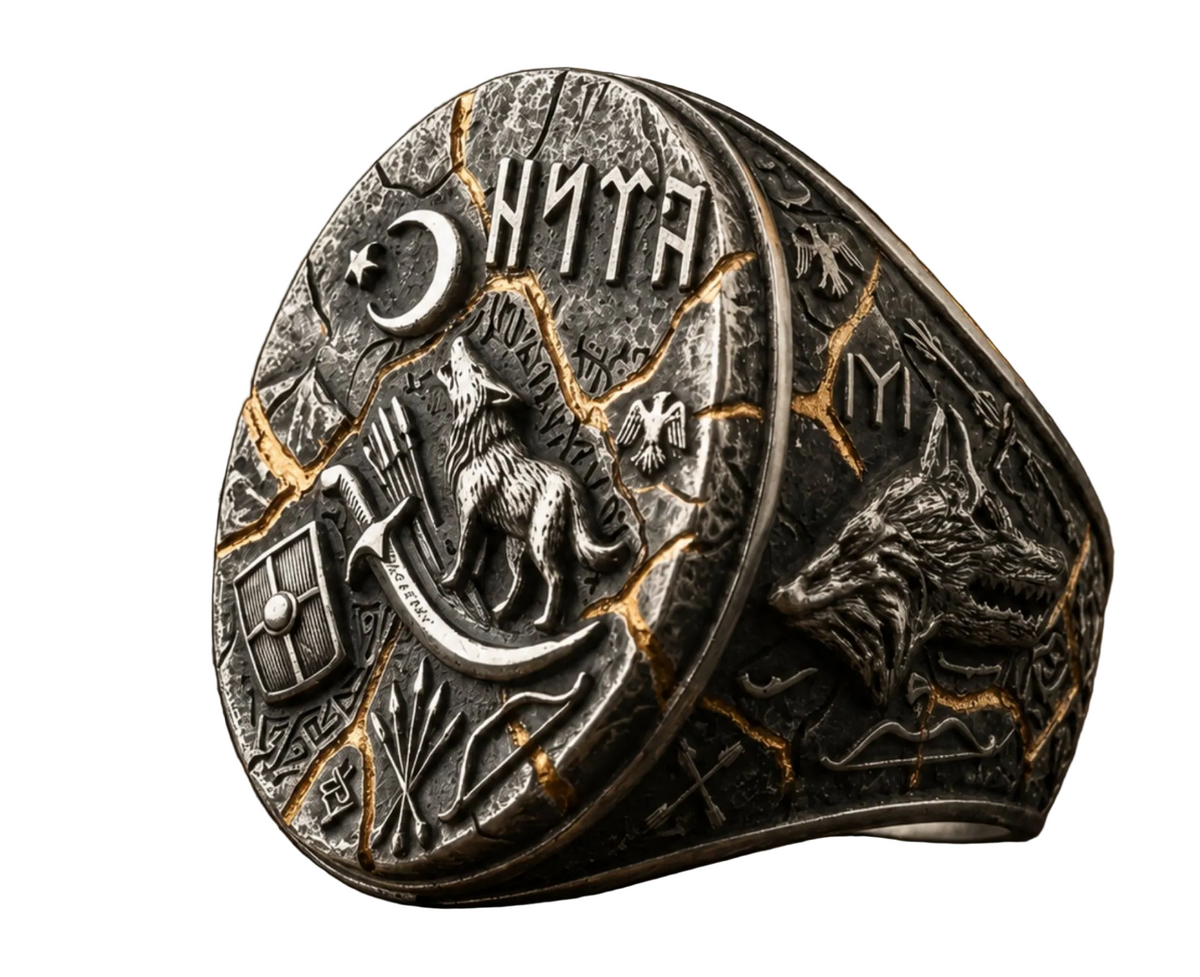 Otuken Obasi Gokturk wolf mens ring in 925 sterling silver