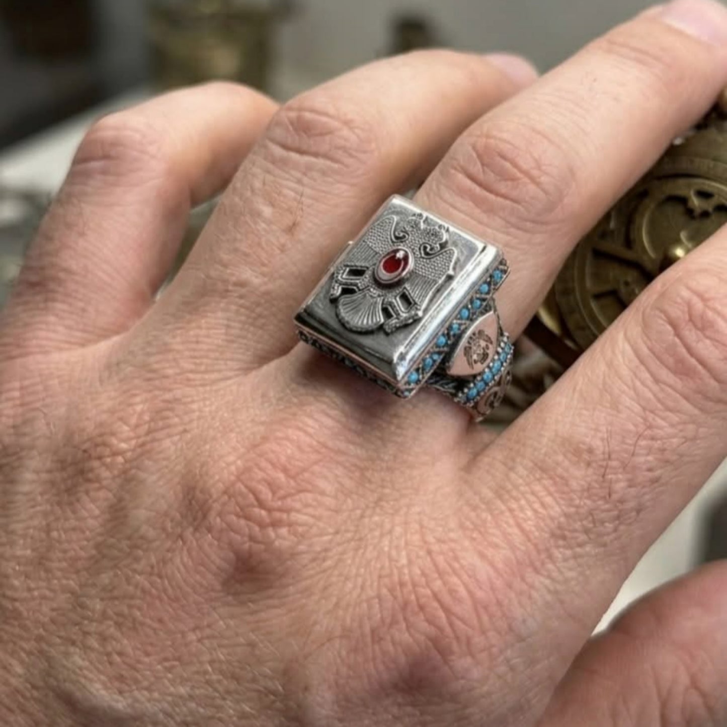 Seljuk Double Headed Eagle and Crescent Star Silver Ring