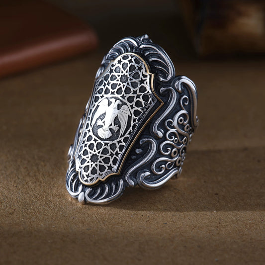 Seljuk Double-Headed Eagle Sterling Silver Men’s Ring – Ottoman Inspired Statement Ring