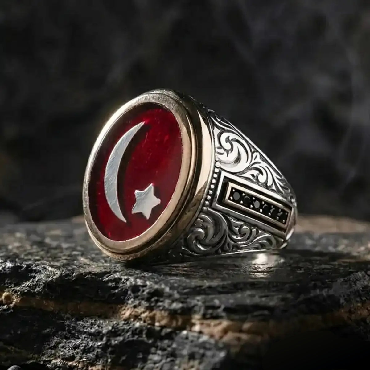 Personalized Turkish Crescent Star 925 Sterling Silver Men's Ring