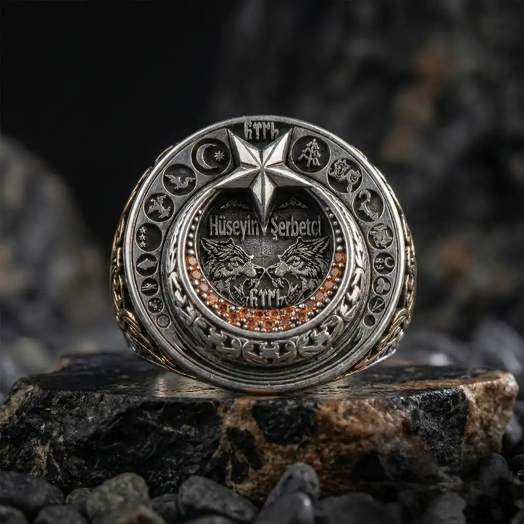 Personalized Crescent Star Silver Men Ring