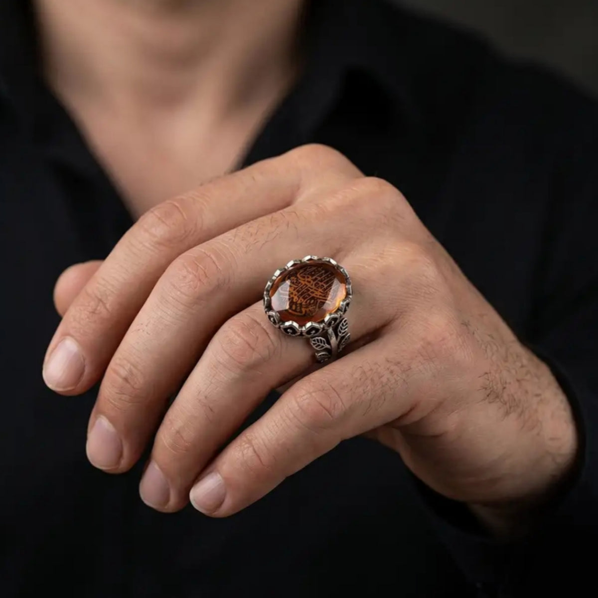 925 Sterling Silver Women’s Islamic Calligraphy Ring with Color-Changing Stone
