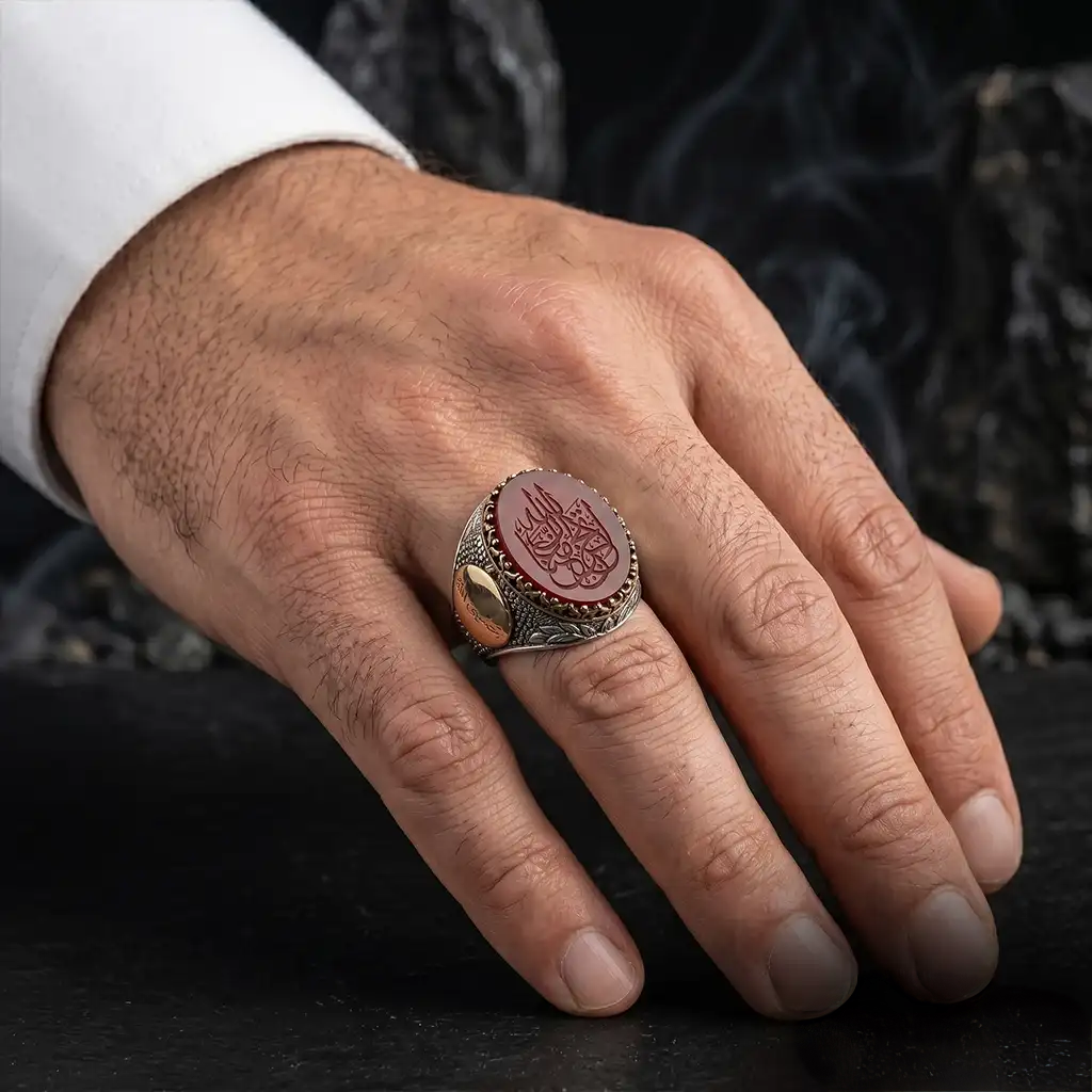 Tevhid Seal Red Agate Men’s Ring – 925 Sterling Silver Islamic Calligraphy Ring