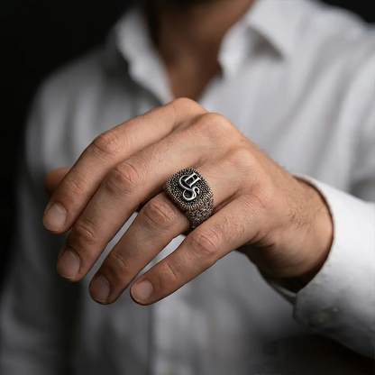 Personalized Letter Engraved 925 Sterling Silver Ring Black Zircon Handcrafted