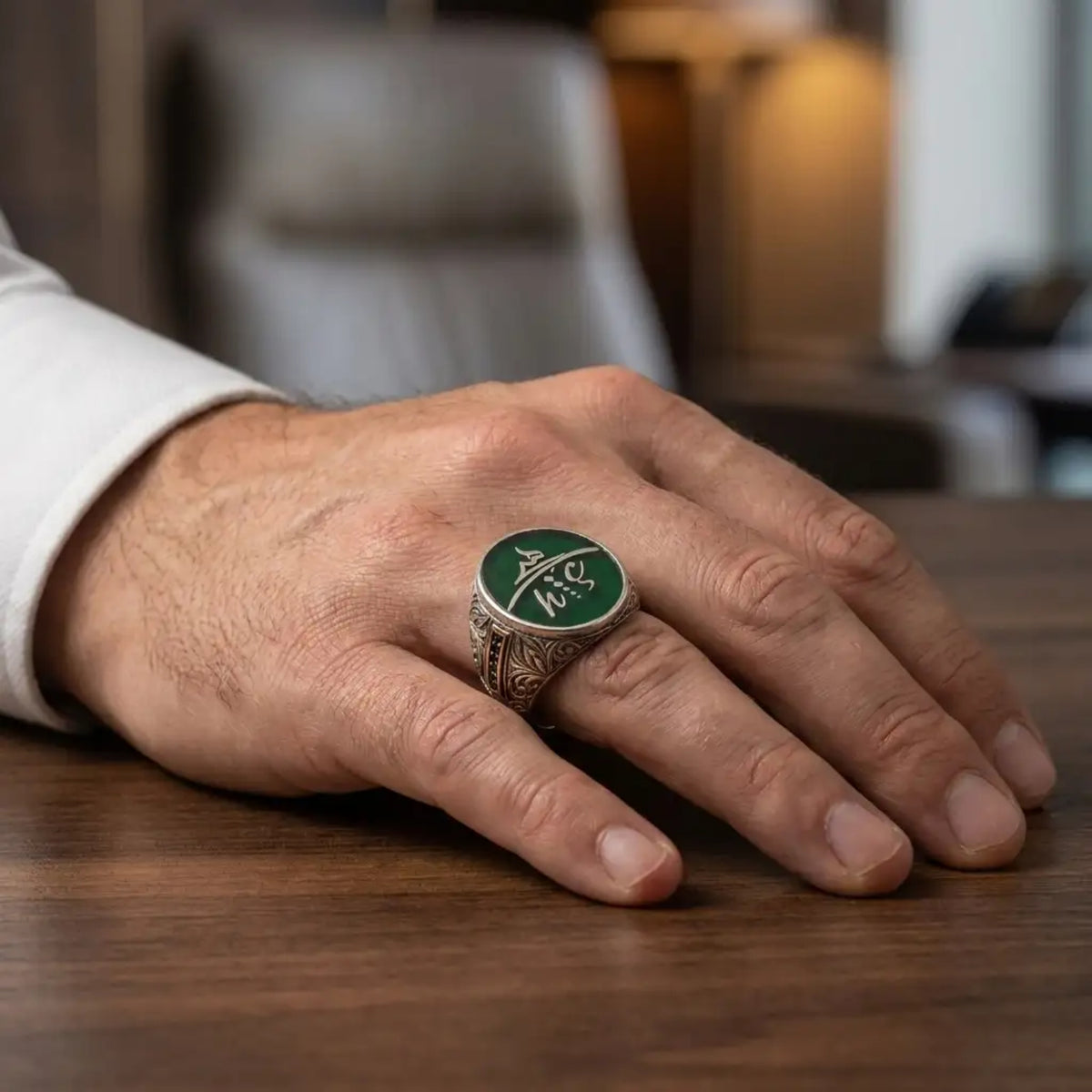 Personalized Sufi Hic Ring, Green Enamel 925 Sterling Silver Men's Ring