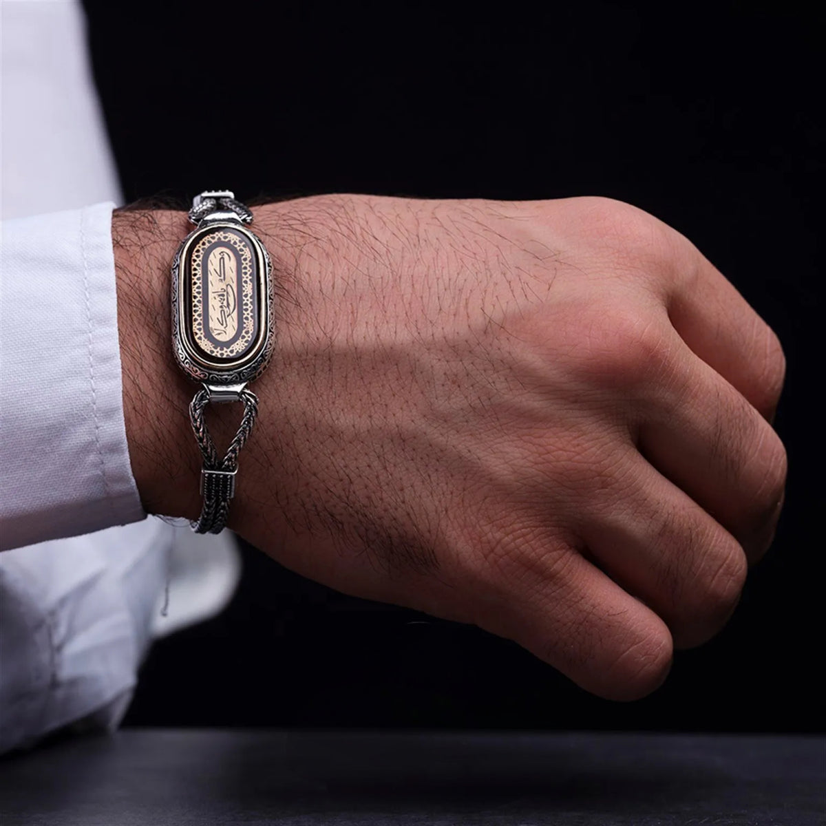 925 Sterling Silver Islamic Bracelet, Arabic Calligraphy Amber Men's Jewelry