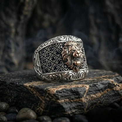 Lion Signet Ring for Men in 925 Sterling Silver with Black Zircon Stone Details