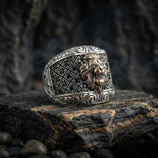 Lion Signet Ring 925 Silver Black Zircon Engraved Handmade Men