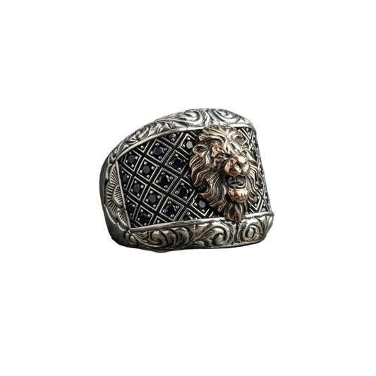 Lion Signet Ring 925 Silver Black Zircon Engraved Handmade Men