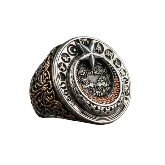 Crescent Star Wolf Ring 925 Silver Custom Name Stone Handmade