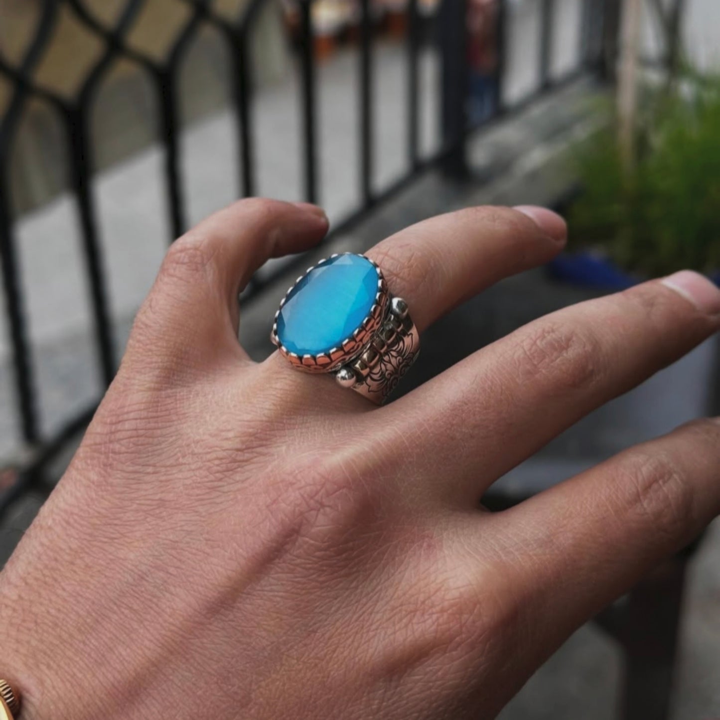 Blue Chalcedony Ring 925 Silver Islamic Ottoman Handmade Men