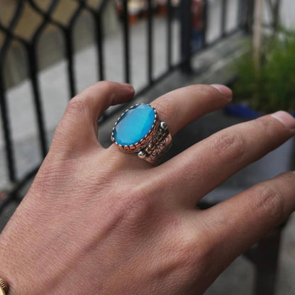 Blue Chalcedony Ring 925 Silver Islamic Ottoman Handmade Men