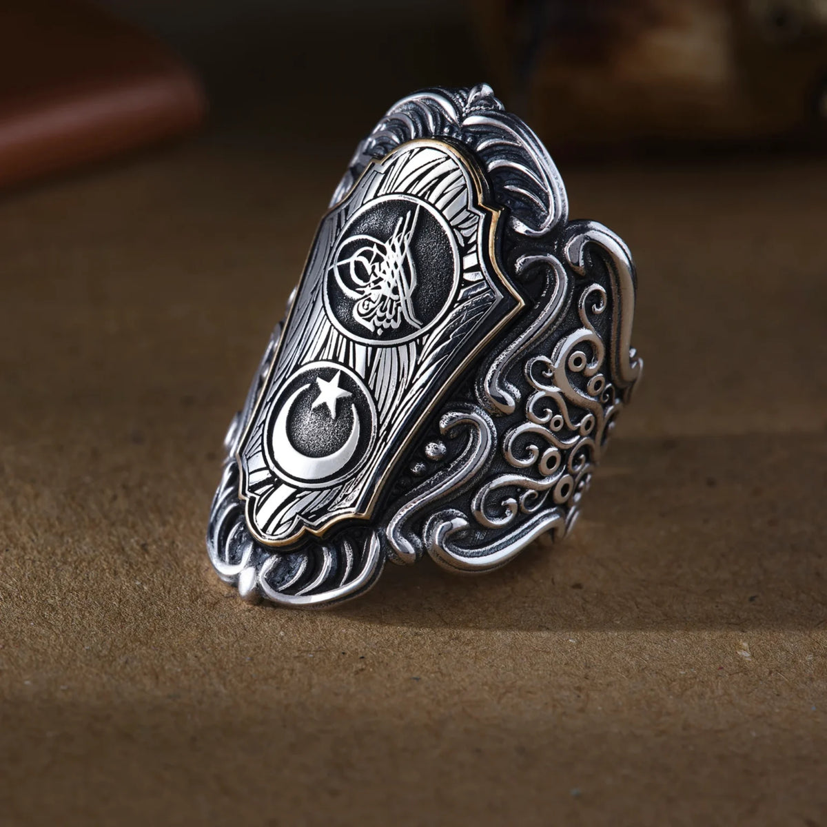 Handmade 925 Sterling Silver Zihgir Thumb Ring with Ottoman Tughra and Crescent Star – Personalized Men’s Gift