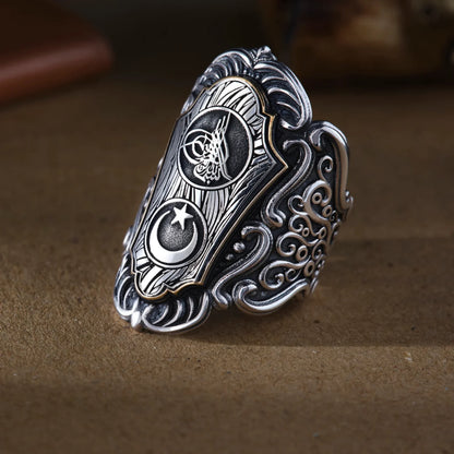 Handmade 925 Sterling Silver Zihgir Thumb Ring with Ottoman Tughra and Crescent Star – Personalized Men’s Gift