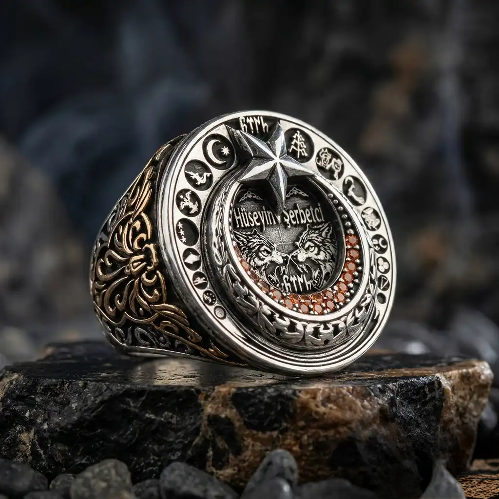 Personalized Crescent Star Silver Men Ring