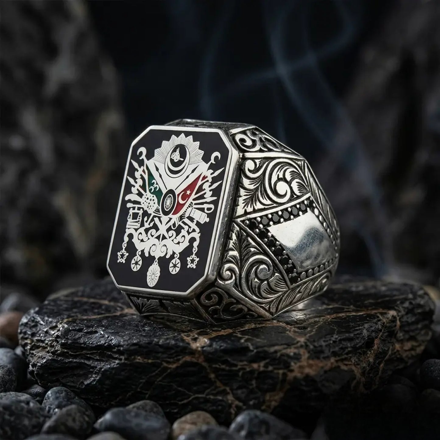 Majestic OttomanCoat of Arms Ring – 925 Sterling Silver, Black Enamel & Micro Stone