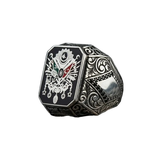 Ottoman Coat of Arms Ring 925 Silver Black Enamel Micro Stone