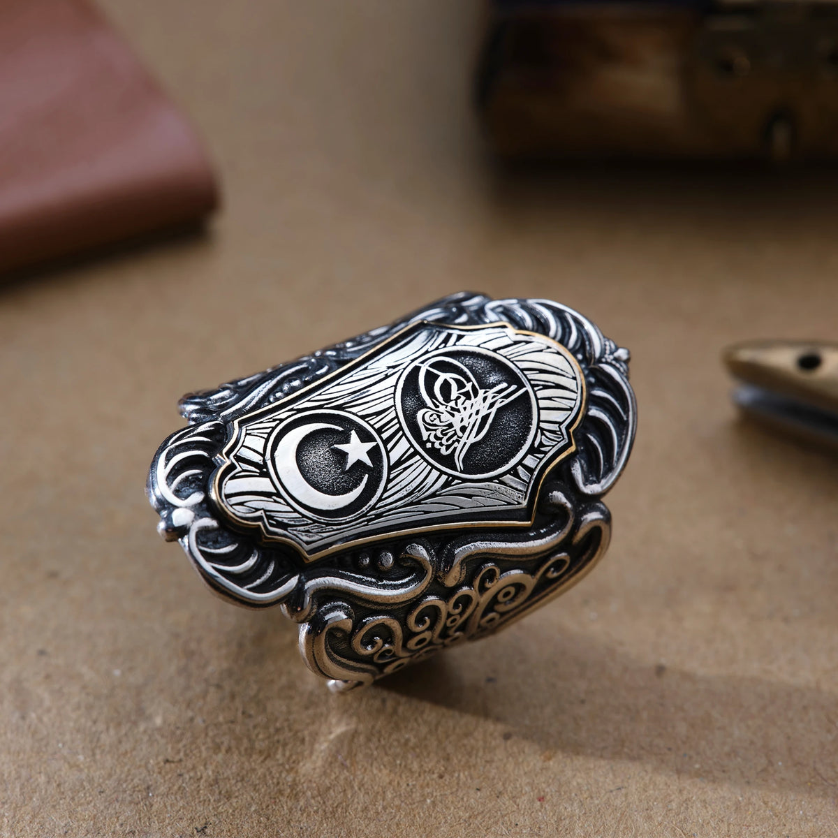 Handmade 925 Sterling Silver Zihgir Thumb Ring with Ottoman Tughra and Crescent Star – Personalized Men’s Gift