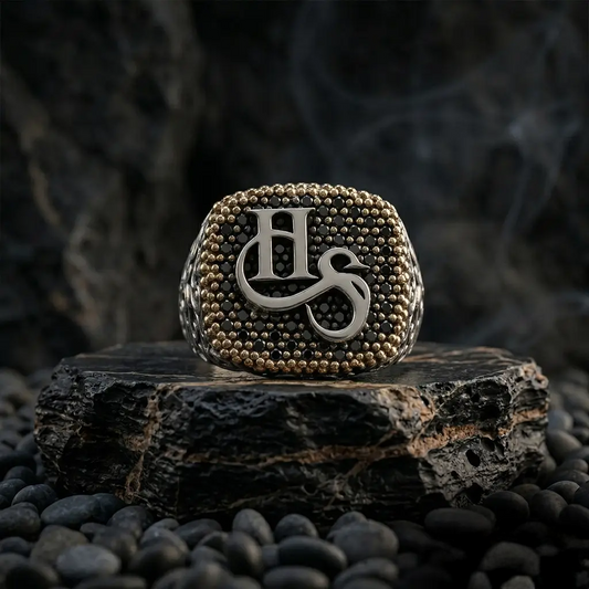 Personalized Letter Engraved 925 Sterling Silver Ring Black Zircon Handcrafted
