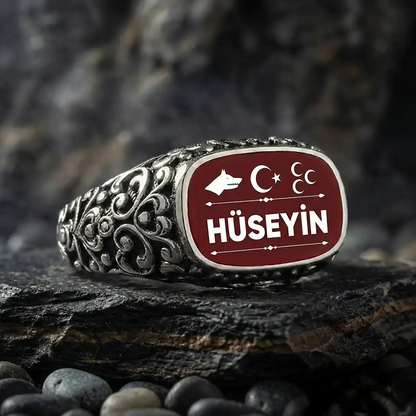 Personalized Wolf Silver Ring with Turkish Crescent Star