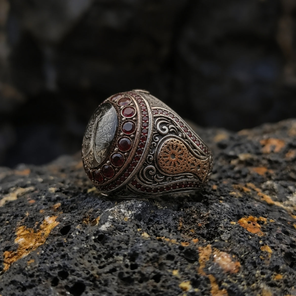 Personalized Islamic Garnet Ring – 925 Sterling Silver Arabic Calligraphy