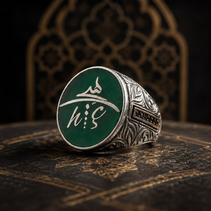 Personalized Sufi Hic Ring, Green Enamel 925 Sterling Silver Men's Ring